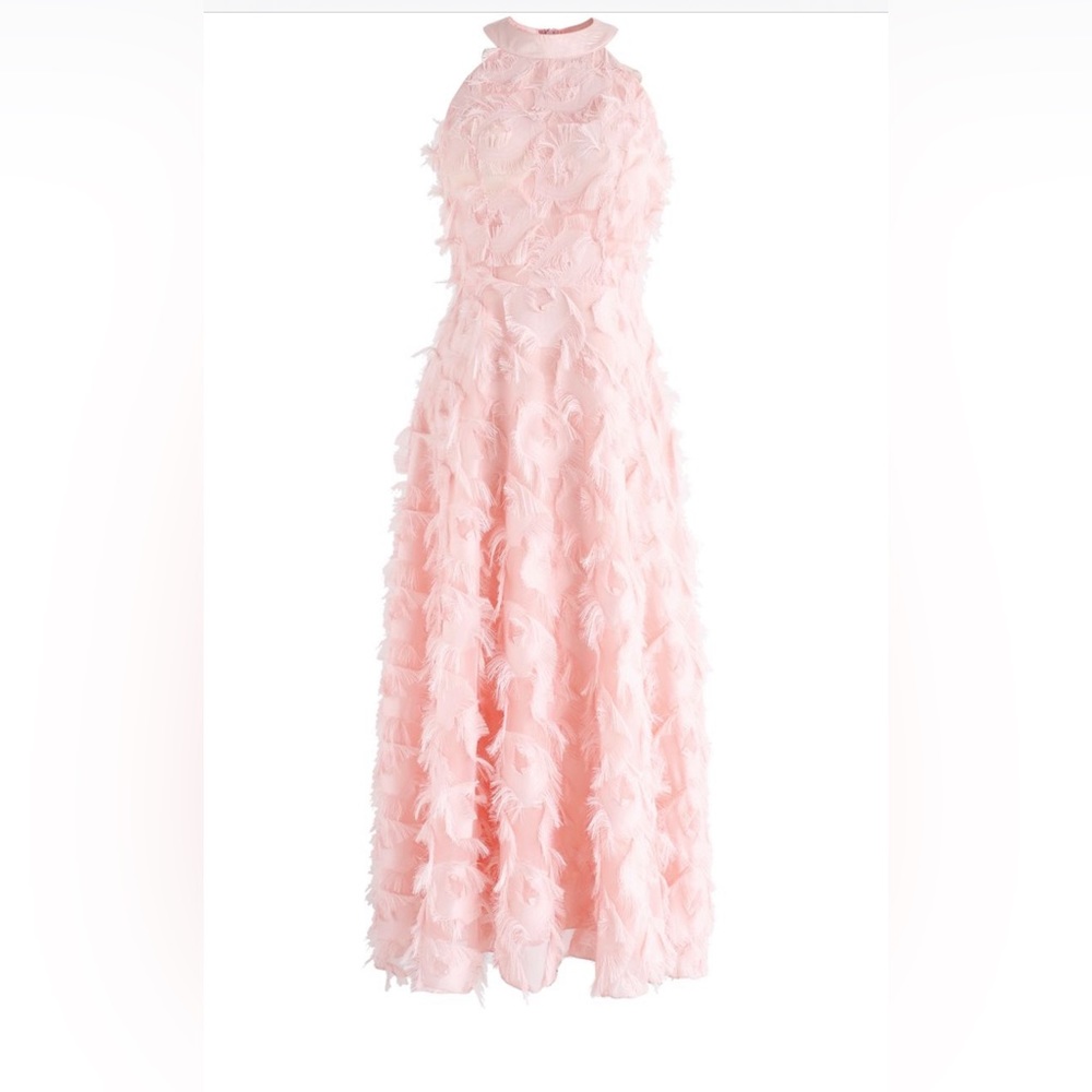 DANCING FEATHERS TASSEL HALTER NECK MAXI DRESS IN PINK